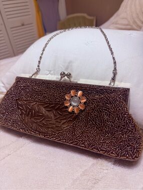 Stunning Beaded Brown Evening Clutch with Flower Accent